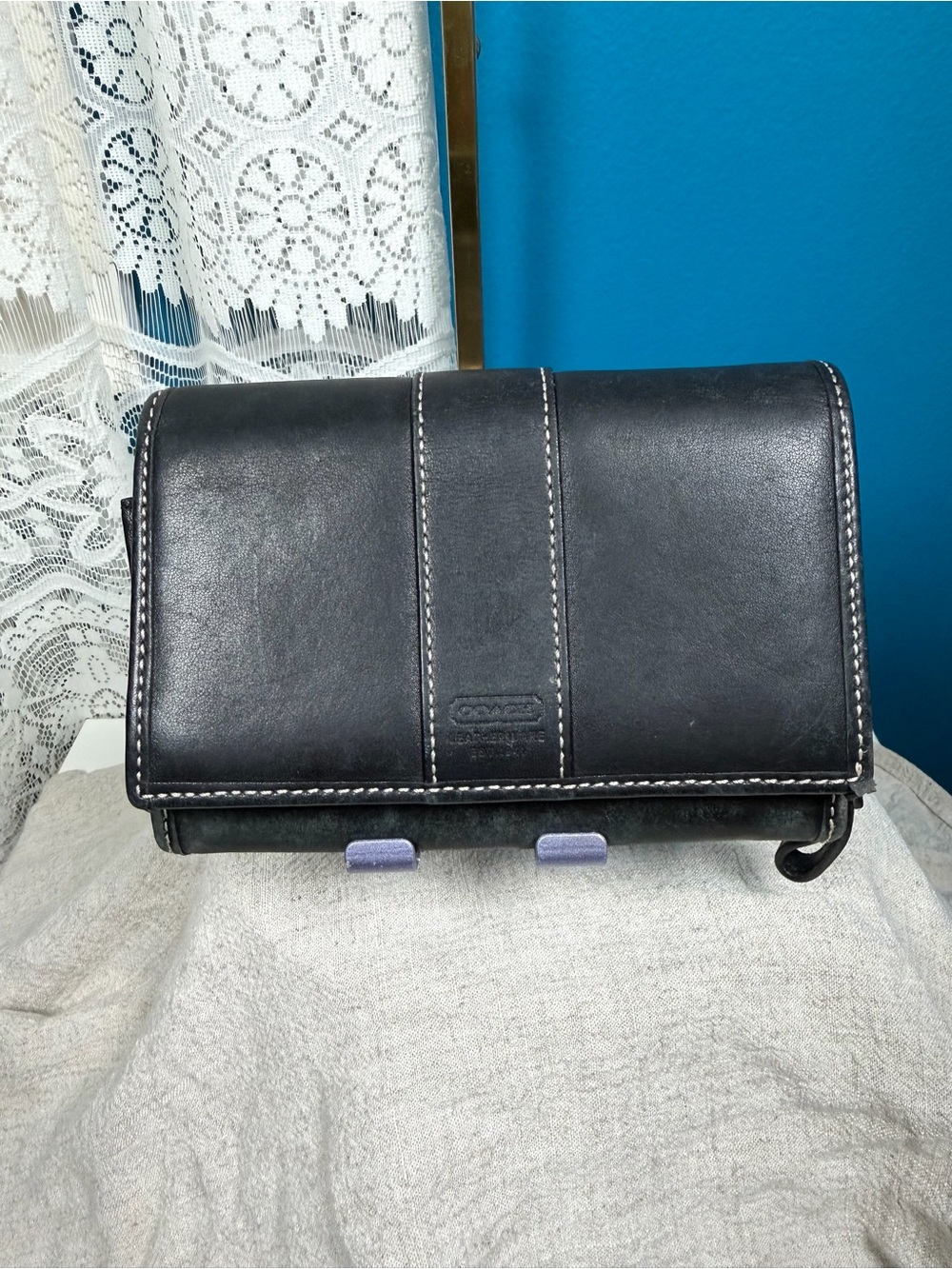 Coach Black LeatherWallet with Jacquard C’s design in pocket 4 in H x 5.5 in L